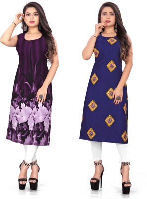 maruti fab Women Floral Print Straight Kurta(Purple, Blue)