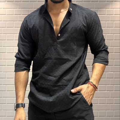 VISHV Men Self Design Straight Kurta(Black)