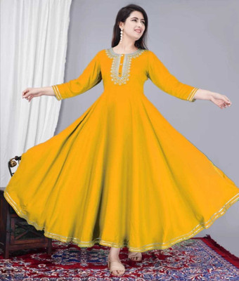 hustiger Women Embroidered Anarkali Kurta(Yellow)