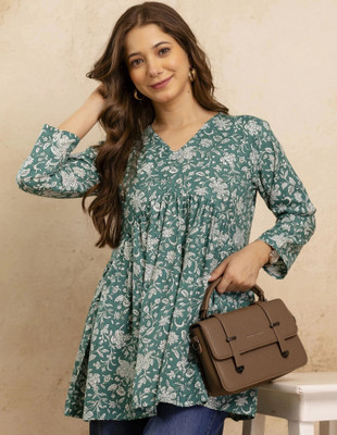 HYTEN Women Tribal Flared Kurta(Light Green)