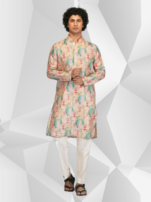 Nirvaan Men Printed Straight Kurta(Pink)