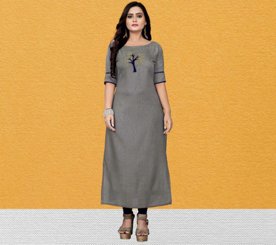 fentik.com Women Patchwork, Solid, Woven Design, Applique, Paisley, Self Design Straight Kurta(Grey, Black)