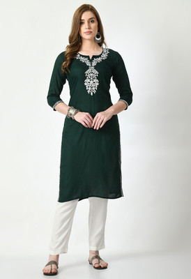 Rudraaksha Women Chikan Embroidery Straight Kurta(Dark Green)