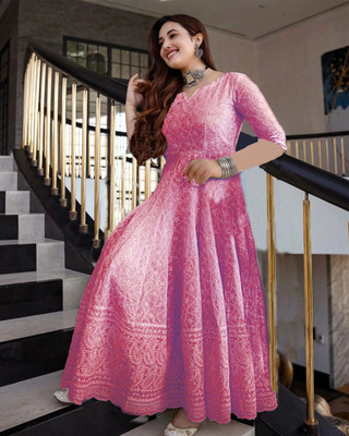 ZAZADIYA IMPEX Women Chikan Embroidery Anarkali Kurta(Pink)