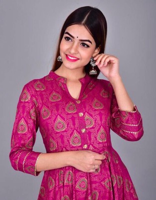 MamtaArt Women Solid, Embellished, Printed, Floral Print Anarkali Kurta(Pink)