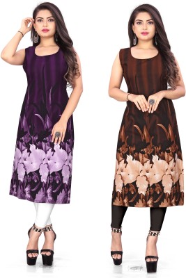 maruti fab Women Floral Print Straight Kurta(Purple, Brown)