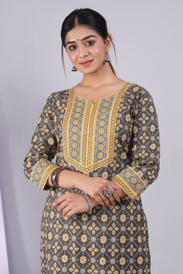 ZEWAR by Modi's Women Block Print Straight Kurta(Grey)