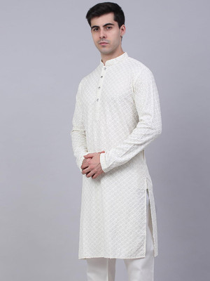 ALMORA Men Embroidered A-line Kurta(White)
