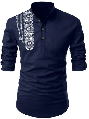 hfm Men Printed Straight Kurta(Light Blue)