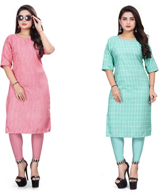 TITHIGARMENT Women Printed Straight Kurta(Blue, Pink)