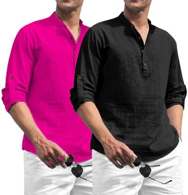 indirae Men Solid A-line Kurta(Pink)