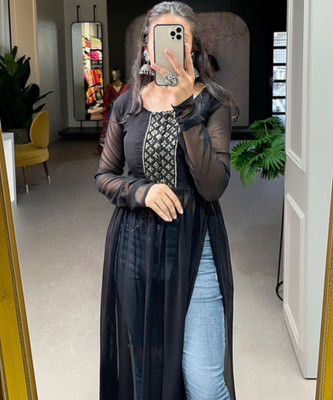 febmetro sales Women Embroidered Straight Kurta(Black)