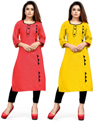 AAI MOGAL Women Solid Straight Kurta(Pink, Yellow)