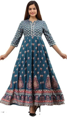 R GLOBAL Women Printed Anarkali Kurta(Blue)