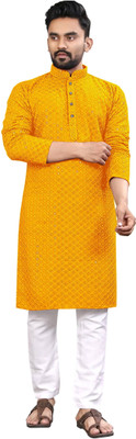 click n buy Men Self Design Straight Kurta(Yellow)