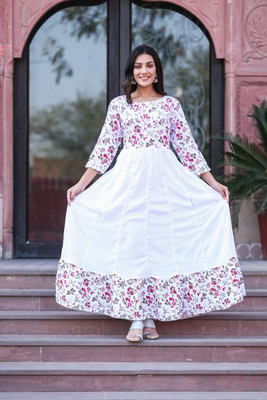 Jaipuri Stuff Women Embellished Anarkali Kurta(White)