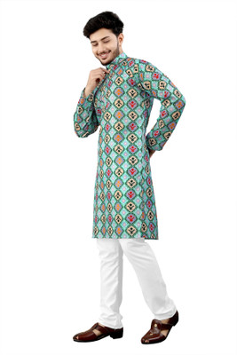 DHASU TRENDZ Men Printed Straight Kurta(Green, Multicolor)