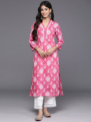 JSIMAR Women Printed Straight Kurta(Pink)
