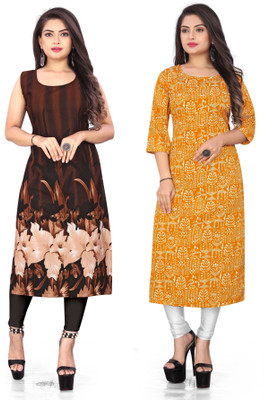 Hiral Creation Women Printed Straight Kurta(Brown, Yellow)