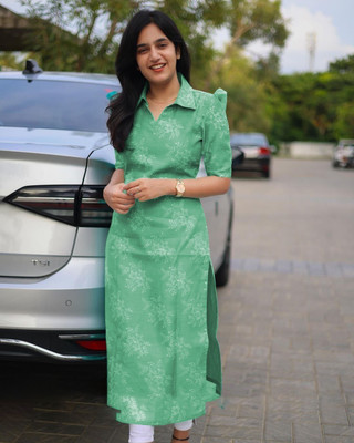 bindudi Women Self Design Straight Kurta(Green)