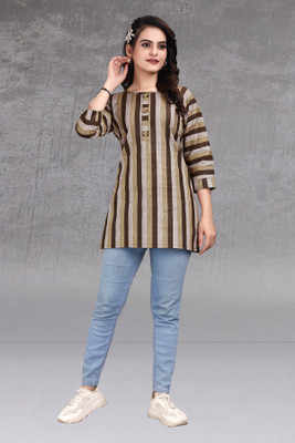 FABTOWN Women Striped Straight Kurta(Brown, Beige, Grey)