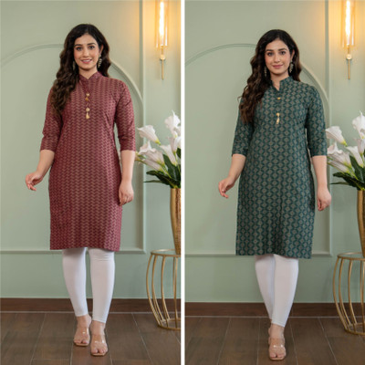 AOSLY Women Printed Straight Kurta(Maroon, Green)