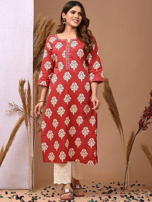 Brown Era Women Printed Straight Kurta(Red)