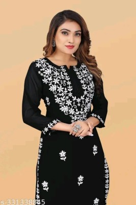 TenTree Women Embroidered Straight Kurta(Black)