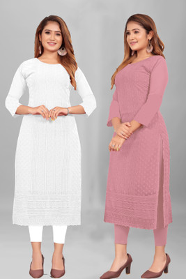 KAYRAAH Women Chikan Embroidery Straight Kurta(Pink, White)
