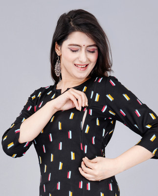 FASHNIDHI Women Printed, Geometric Print, Abstract Straight Kurta(Black)