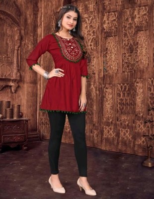 Meetara Creation Casual Embroidered Women Maroon Top