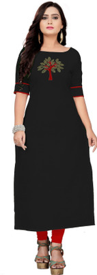 fentik.com Women Embroidered Straight Kurta(Black)