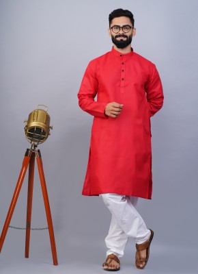 LYPLO Men Solid Straight Kurta(Red)