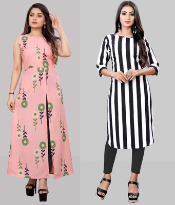 maruti fab Women Striped, Printed A-line Kurta(White)