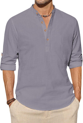 indirae Men Solid A-line Kurta(Grey)