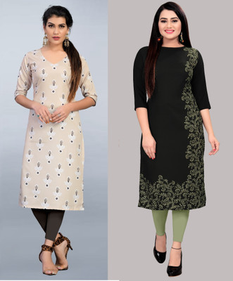 tanvi creation Women Floral Print Straight Kurta(Beige, Black)