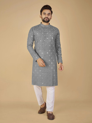 ORIFAB Men Embroidered Straight Kurta(Grey)