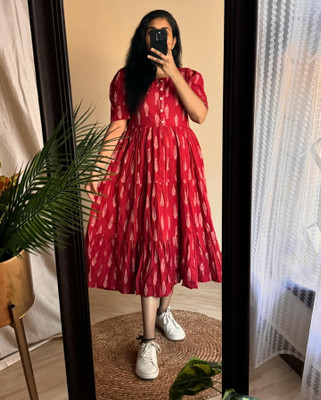 Bhiterwal Women Fit and Flare Red Midi/Calf Length Dress
