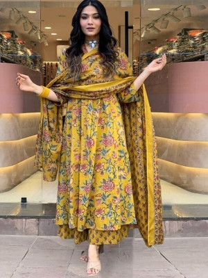 MISS CLOTHING Women Printed Flared Kurta(Yellow)