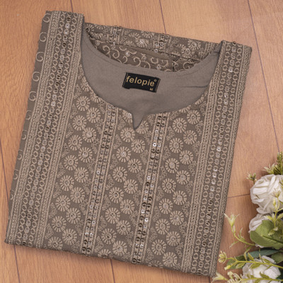 Felopie Women Chikan Embroidery A-line Kurta(Brown)