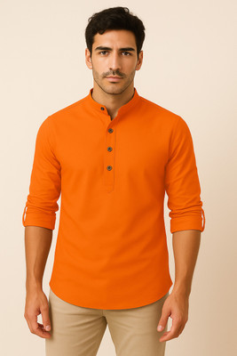 FASHIONPARROT Men Solid Straight Kurta(Orange)