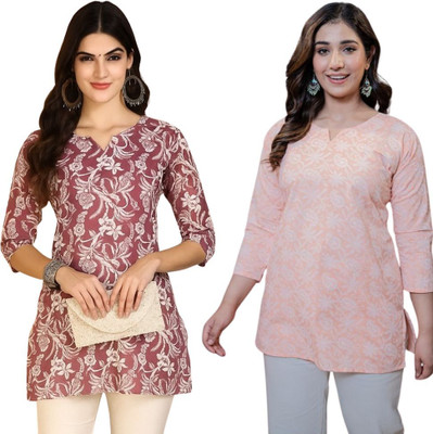 I N ENTERPRISES Women Floral Print Straight Kurta(Pink, Brown)