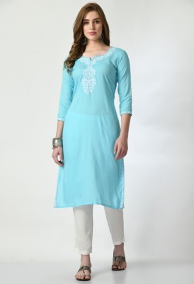 Rudraaksha Women Chikan Embroidery Straight Kurta(Light Blue)