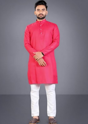 LYPLO Men Solid Straight Kurta(Red)