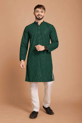 VISHESTA Men Self Design Straight Kurta(Green)