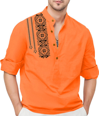 hfm Men Block Print Straight Kurta(Orange)