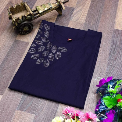 fentik.com Women Applique, Solid, Paisley, Woven Design, Patchwork Straight Kurta(Dark Blue)