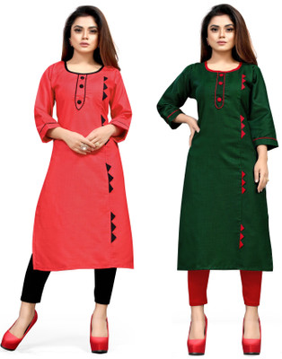 AAI MOGAL Women Solid Straight Kurta(Pink, Green)