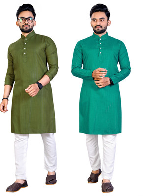 Krudha Men Woven Design Straight Kurta(Green, Dark Green)