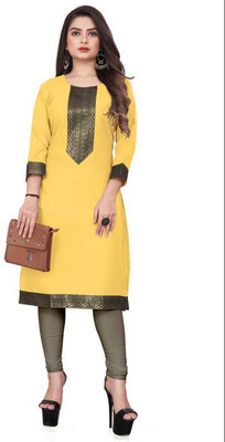 VISVA DESIGNER Women Printed Straight Kurta(Yellow, Gold, Brown)